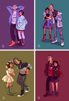 four different colored images of people with their arms around each other