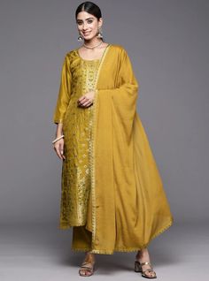 * Women Ethnic Motifs Embroidered Sequinned Kurta With Trousers & With Dupatta Pakistani Salwar Kameez / Indian Wedding Dress / Plus Size Cotton Dress Traditional Indian Wear / Salwar Kameez Dupatta / Kurti Palazzo Set   * Mustard Yellow woven design Kurta with Trousers with dupatta * Kurta design:- * Ethnic motifs woven design * Straight shape * Regular style * Round neck, three-quarter regular sleeves * 2 pockets * Calf length with straight hem * Silk blend fabric * Trousers design:- * Solid T Embroidered Banarasi Silk Palazzo Set For Designer Wear, Designer Embroidered Banarasi Silk Palazzo Set, Embroidered Fitted Palazzo Set In Dola Silk, Fitted Embroidered Art Silk Palazzo Set, Embroidered Banarasi Silk Palazzo Set With Traditional Drape, Embroidered Banarasi Silk Palazzo Set, Banarasi Silk Palazzo Set With Chikankari Embroidery For Diwali, Festive Jamawar Palazzo Set For Wedding, Yellow Self-design Palazzo Set For Wedding