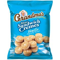 a bag of cookies with the words grandma's mini sandwich cremes vanilla