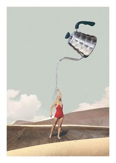 a woman in a red swimsuit is flying a silver bucket with water on it