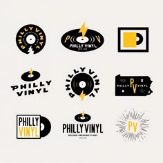 various logos and stickers on a white background with black and yellow colors are shown