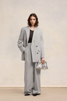 light grey virgin wool tailored design shoulder pads wide peak lapels double-breasted button fastening long sleeves buttoned cuffs two side flap pockets straight hem Oversize Jacket, Designer Jackets, Ami Paris, Tailored Design, Oversized Jacket, Saved Items, Gray Jacket, Flap Pocket, Shoulder Pads