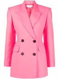 pink wool peak lapels double-breasted button fastening jetted chest pocket two side flap pockets long sleeves straight hem central rear vent Double Blazer, Pink Ladies Jacket, Blazer Pink, Business Attire Women, Alexander Mcqueen Clothing, Alexander Mcqueen Fashion, Suit Jackets For Women, Causual Outfits, Pink Blazer