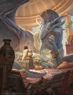 a painting of a dragon sitting on top of a table next to a vase and other items