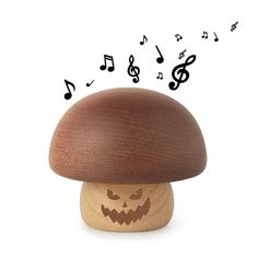 a wooden mushroom with music notes coming out of it