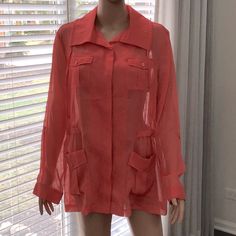 New Coral Sheer Jacket Shirt With Long Sleeves That Can Convert To Button And Shorten And Collar That Converts To Roll Collar. New At $109, Paid $40. No Trades. Chic Long Sleeve Blouse With Buttoned Pockets, Summer Long Sleeve Outerwear With Pockets, Long Sleeve Tops With Buttoned Pockets For Day Out, Collared Summer Outerwear With Button Closure, Summer Collared Outerwear With Button Closure, Casual Summer Outerwear With Button Cuffs, Long Sleeve Summer Outerwear With Button Closure, Chic Summer Outerwear With Button Cuffs, Casual Collared Single Breasted Blouse