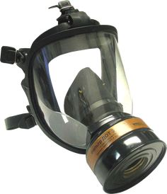 a gas mask is shown with a light on the side and a filter attached to it