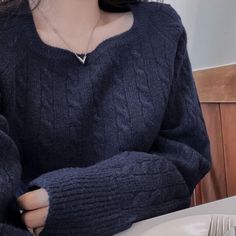 Solid Color Square Collar Cable Knit Sweater Trendy Navy Sweater For Winter, Casual Navy Knitted Sweater, Women Knitted Sweater, Female Style, Knitted Tops, Tops Casual, Gray Sweater, Knitting Women Sweater, Long Sleeve Knit Tops