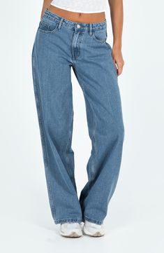 Evenly faded for a vintage vibe, these lightweight jeans feature a mid-rise waist, full-length legs and a relaxed fit. 32" inseam; 21" leg opening; 10 1/2" front rise; 14 1/2" back rise (size 8) Zip fly with button closure Five-pocket style 69% cotton, 16% polyester, 11% rayon, 4% nylon Machine wash, line dry Imported Denim Belt, Relaxed Jeans, Relaxed Fit Jeans, Baggy Jeans, Princess Polly, Pocket Design, Denim Wash, Wide Leg Jeans, Bottoms Pants