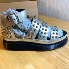 Dr. Martens Silver Metallic Studded Liza Platform Sandals Super-Rare! Women's Size 7 New-In-Box/Never Worn/New Condition No Longer On Dr. Martens Site Smoke-Free Home Dog-Loving Home Voss Sandals, Blaire Sandal, Doc Martens Women, Shoes Dr Martens, Chunky Platform Sandals, Dr Martens Womens, Leather Strap Sandals, Walk In My Shoes, Leather Platform Sandals