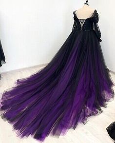 Black And Purple Gothic Wedding Dresses, Dark Purple Victorian Dress, Plum Wedding Dress The Bride, Black And Dark Purple Wedding Dress, Evil Wedding Dress, Celestial Themed Wedding Dress, Purple Gothic Wedding Dress, Witch Ball Gown, Purple Homecoming Dress Long