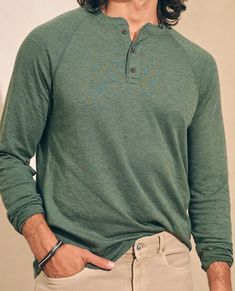 The Deep Fern Heather Long Sleeve Cloud Henley by Faherty Vintage Athletic Wear, Closet Features, Main Label, Waves Logo, Boxers Briefs, Sneaker Slippers, Henley Shirt, Mens Green, T Shirt Vest