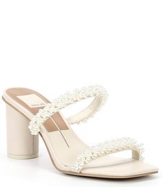 Dolce Vita Noel Pearl Square Toe Dress Sandals | Dillard's White Heels With Gold Accents, Dolce Vita Pearl Shoes, Cute Heels For Homecoming, White Heels Pearls, Wedding Heels Short, White Simple Heels, Feminine Beige Synthetic Sandals, Beige Synthetic Sandals For Wedding, Cream Sandals With Reinforced Heel For Spring