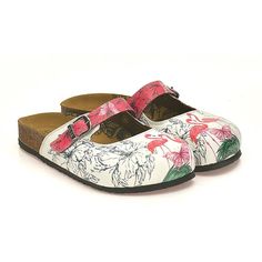 White and Pink Colored Flowered, Butterflied and Red Flamingo Patterned Clogs - CAL806 Spring Slip-on Slide Clogs, Beach Clogs With Rubber Sole And Round Toe, Beach Clogs With Round Toe And Rubber Sole, Comfortable Slip-on Slippers With Round Toe, Casual Multicolor Round Toe Mules, Spring Clogs With Textured Footbed, Spring Cushioned Slip-on Clogs, White Spring Clogs With Flat Heel, White Flat Heel Clogs For Spring