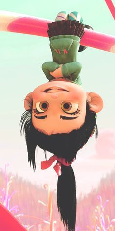 a cartoon character hanging upside down on a surfboard in front of the sky and grass