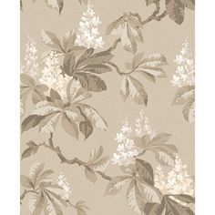 a wallpaper with white flowers and green leaves on the side, in neutral tones