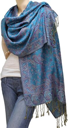 Falari Women's Woven Paisley Pashmina Shawl Wrap Scarf 80" x 27" (Style 1 - Turquoise) at Amazon Women’s Clothing store Pashmeena Shawl, Fit School, Pashmina Style, Shawl Outfit, Hijab Inspiration, India Shopping, Paisley Shawl, Dresses Traditional