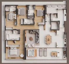 an overhead view of a three bedroom apartment