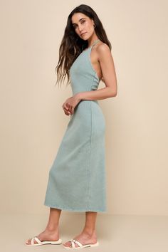 Greet the warmer season and soak up the rays in the Lulus Sunny Admiration Washed Sage Green Ribbed Sleeveless Midi Dress! Stretchy ribbed knit, with a trendy washed effect throughout, shapes this casual dress with an apron-style neckline and a sleeveless bodice with a modified racerback design. The figure-flaunting silhouette continues into a bodycon skirt that ends at a modern midi hem. Fit: This garment fits true to size. Length: Mid-calf length. Size medium measures 47.25" from shoulder to h Fitted Ribbed Sleeveless Midi Dress, Fitted Ribbed Sleeveless Summer Dress, Summer Ribbed Midi Dress, Spring Ribbed Stretch Sleeveless Dress, Spring Sleeveless Ribbed Stretch Dress, Ribbed Stretch Midi Dress For Day Out, Day Out Ribbed Stretch Midi Dress, Summer Ribbed Sleeveless Knee-length Dress, Ribbed Sleeveless Summer Dress