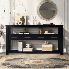 a living room with a large rug and a black console table in front of it