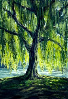 a painting of a large tree with green leaves and water in the backround