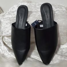 Black Mules Size 9 New With Tags Casual Black Mules For Fall, Black Synthetic Mules For Office, Black Flat Heel Mules For Fall, Casual Black Low Heel Mules, Casual Black Mules For Office, Casual Black Office Mules, Casual Black Pointed Toe Mules, Black Mules For Workwear In Spring, Black Pointed Toe Mules For Fall