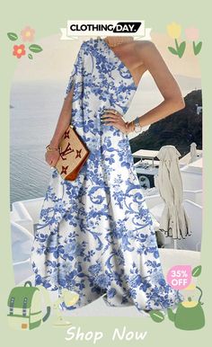 Alyse One Shoulder A-line Elegant Maxi Dress Summer A-line Printed Sundress, Casual Printed A-line Sundress, Vacation A-line Sundress Midi Dress, Casual A-line Maxi Dress With Floral Print, Summer A-line Printed Midi Dress, Vacation A-line Sundress, Flowy A-line Sundress For Vacation, Casual A-line Printed Sundress, Printed A-line Midi Dress For Garden Party