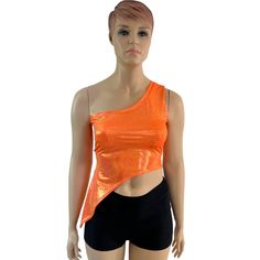 "This top is created in orange sparkly jewel holographic spandex, with a one shoulder neckline and an asymetrical hemline. Made to order, ships out within five days of purchase Womens Sizing (See below for instructions on where measurements should be taken) XXS: Bust 29\"-30\" / Waist 22\"-23\" / Hips 30\"-32\" Extra Small: Bust 31\"-32\" / Waist 24\"-25\" / Hips 33\"-35\" Small: Bust 33\"-34\" / Waist 26\"-28\" / Hips 36\"-37\" Medium: Bust 35\"-37\" /Waist 28\"-31\" / Hips 38\"-40\" Large: Bust 39\"-41\" / Waist 32\"-34\"/ Hips 41\"-43\" Extra Large: Bust 42\"-44\" / Waist 35\"-37\" / Hips 44\"-46\" 2XL: Bust 46\"-48\" / Waist 38\"-42\" / Hips 48\"-50\" 3XL: Bust 50\"-56\" / Waist 44\"-47\" / Hips 52\"-58\" We realize that not everyone will fall into one of these letter sizes. If you nee Stretch One-shoulder Crop Top For Party, Asymmetrical Stretch Crop Top For Party, Party Crop Top With Asymmetrical Neckline, Fitted Crop Top With Asymmetrical Neckline For Party, Asymmetrical Neckline Fitted Crop Top For Party, Asymmetrical Neckline Crop Top For Party, Asymmetrical Summer Crop Top For Party, Asymmetrical Fitted Crop Top For Party, Stretch Asymmetrical One Shoulder Party Top