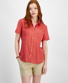 out of stock Tommy Hilfiger Button-up Tops For Spring, Tommy Hilfiger Summer Button-up Top, Tommy Hilfiger Casual Cotton T-shirt, Tommy Hilfiger Relaxed Fit Cotton T-shirt, Tommy Hilfiger Cotton Button-up Shirt, Tommy Hilfiger Women, Shirt Sleeves, Short Sleeve Shirt, Buy Online