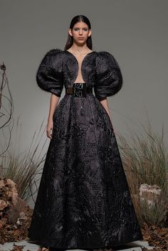 Plunging neckline belted brocade dress - HerTrove Brocade Dress, Brocade Dresses, Glamour Dress, Design Reference, Modern Fashion, Plunging Neckline, Photoshoot Ideas, Made In, Long Dress