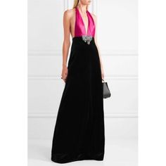 Nwt Authentic Gucci Cotton-Blend Velvet And Silk-Satin Fuchsia Halter Neck Gown. Back Zip. Made In Italy. Us Size 6 It Size 40. Originally Retailing For $5610. Gucci Black Soft Stretch Black Velvet Fuchsia Top Gown. Missing The Crystal Embroidered Bow Appliqu On The Waistline. Sleeveless. Deep V-Neck. Back Zip Closure. Fabric Two, Silk/Cotton. Lined. Minor Handling Wear Light Runs On Fuchsia Silk/Satin Triangles. Gucci Notes Alessandro Michele's Personal Instagram Reflects His Love Of The Renais Gucci Fitted Maxi Dress For Formal Occasions, Gucci V-neck Cocktail Dresses, Gucci Formal Maxi Length Dress, Gucci Maxi Dress For Party, Gucci Maxi Party Dress, Gucci V-neck Formal Dress, Glamorous Fitted Gucci Dress, Elegant Gucci Evening Maxi Dress, Gucci Maxi Length Party Dresses