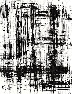 an abstract black and white painting with brush strokes