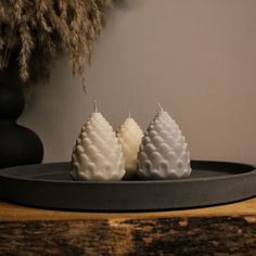 three white candles sitting on top of a tray