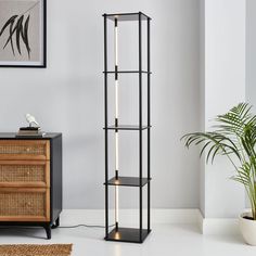 a tall black shelf sitting next to a potted plant