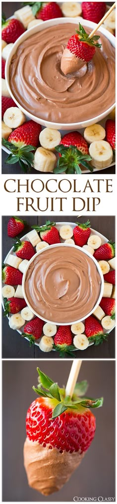 chocolate fruit dip with bananas and strawberries on top