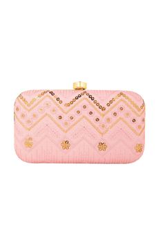 This designer pastel pink and gold hand-crafted faux silk embroidered box clutch with sequins embellished work has one main compartment with clasp closure and a detachable metal chain. Can also be used as a sling bag. Product Features: Color: Pink and Gold Material: Faux Silk Product Dimension- 20L x 7H x 13W cm Product Type: Clutch Occasion: Smart Casual Fabric Care: Wipe with a clean, dry cloth to remove dust Product Weight: 260 Grams Disclaimer: Color and Texture may have slight variation due Luxury Pink Clutch Wallet, Luxury Pink Clutch With Single Compartment, Pink Rectangular Clutch, Luxury Pink Clutch With Removable Pouch, Luxury Pink Glamorous Clutch, Luxury Glamorous Pink Clutch, Modern Pink Luxury Clutch, Modern Luxury Pink Clutch, Luxury Modern Pink Clutch