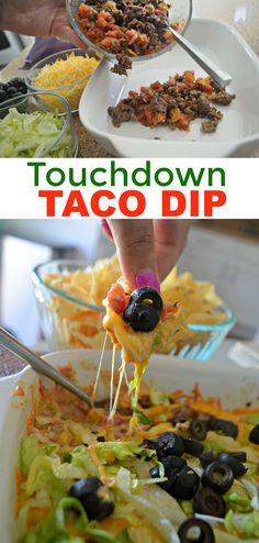 taco dip recipe with black olives, cheese and lettuce