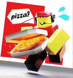 a lego man is holding a pizza box