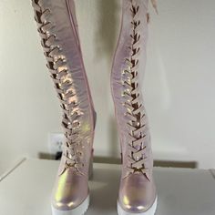 Brand: Sparkl Fairy Couture Size: 8 Color: Pink Condition: New With Tags Never Worn Sparkl Fairy Couture Lace-Up High Boots. New With Tags And Made For The Rockstar You Are, Prepare To Shine In These Discontinued Wonders!!!! <3 Truelovealways Kristi #Sparklfairycouture #Boots #Platforms Elegant Closed Toe Lace-up Boots For Party, Spring Party Platform Lace-up Boots, Party Knee-high Lace-up Platform Boots, Party Platform Knee-high Lace-up Boots, Platform Lace-up Closed Toe Party Boots, Platform Closed Toe Lace-up Party Boots, Closed Toe Platform Lace-up Party Boots, Elegant Pink Closed Toe Boots, Almond Toe Lace-up Boots For Party