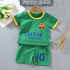 Color: Green FC Barcelona 10, Kid Size: 4T Green Short Sleeve Sets With Letter Print, Green Short Sleeve Set With Letter Print, Playful Letter Print Playwear Sets, Cotton Sports Sets For Sports Season, Cotton Sports Sets With Short Sleeves, Short Sleeve Cotton Sports Set, Summer Sports Sets With Short Sleeves, Green Cotton Sporty Sets, Short Sleeve Sets With Letter Print For Playtime