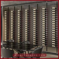 modern office with elegant glass wine wall Wine Wall Display, Wine Storage Wall, Modern Wine Storage, Industrial Wine Racks, Coin Bar, Wine Rack Design, Home Wine Cellars, Metal Wine Rack, Wine Cellar Design