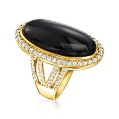 Ross-Simons - Onyx, 1.70ct t. w. White Topaz Ring in 18kt Gold Over Sterling. Size 7. An RS exclusive. Showing off its inky hue, this ring features a 24x11mm oval onyx cabochon framed and sided by sparkling 1.70 ct. t. w. white topaz rounds. Set on a glowing band of polished 18kt yellow gold over sterling silver. 1 1/8" wide. White topaz and onyx ring. Yellow Gold Gemstone Rings For Evening, Timeless Evening Ring With Prong Setting, Fine Jewelry Diamond Ring With Polished Finish For Evening, Fine Jewelry Evening Ring With Center Stone, Elegant Polished Topaz Ring For Formal Occasions, Evening Diamond Ring With Gemstone, Evening Diamond Ring With Prong Setting, Evening Rings With Prong Setting, Oval Yellow Gold Diamond Ring For Evening