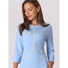 This dress can be a perfect addition to almost any outfit from formal to daily wear, great for work, meetings, offices, businesses, work, parties, cocktails, weddings, casual, daily dressing, etc. Pair with a delicate necklace and heels for a chic office look. Comfortable and classic, this contrast color dress is perfect on its own or as a layer under a blazer or jacket. Keep your look formal and elegant in fall weather with this work dress from INSPIRE CHIC, featuring tweed trim details, 3/4 sl Elegant Long Sleeve Tweed Dress For Formal Occasions, Fitted Tweed Office Dress, Chic Long Sleeve Tweed Dress For Office, Spring Formal Midi-length Tweed Dress, Elegant Tweed Dress For Office Wear, Elegant Fitted Tweed Dress For Work, Blue Tweed Dress For Spring, Fitted Long Sleeve Tweed Dress For Office, Fitted Blue Tweed Dress For Fall