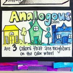 an art project with three different colored houses and the words anafogus colors are 3 colors that are neighbors on the color wheel