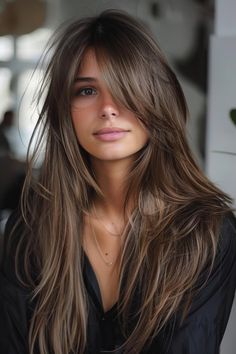 Full Layers Long Hair With Curtain Bangs, Bangs With Long Face Shape, Hair Simple Updos, Long Fringes For Long Hair, Best Layers For Long Hair, Hair Up Long Bangs, Long Brown Hair Fringe, Long Sideswept Bangs Long Hair, Long Hair With Fringe Over 40