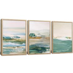 three abstract paintings with blue and green colors