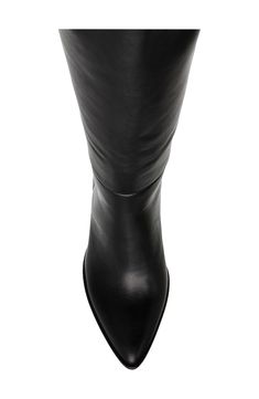 A curved topline amplifies the contemporary appeal of a knee-high leather boot balanced by a pointy toe and wrapped block heel. 3 1/2" heel 14 1/2" shaft; 15" calf circumference Leather upper/synthetic lining and sole Imported Leather Knee-high Boots With Wide Calf And Snip Toe, Leather Knee-high Boots With Pointed Toe, Faux Leather Knee-high Boots With Leather Lining For Work, Sleek Leather-lined Knee-high Boots For Fall, Sleek Wide Calf Boots With Stacked Heel, Sleek Knee-high Boots With Leather Lining For Fall, Sleek Fall Knee-high Boots With Leather Lining, Leather Knee-high Platform Boots With Sculpted Heel, Modern Leather Knee-high Boots With Block Heel