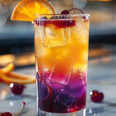 a drink with ice, cherries and an orange slice