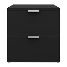 a black filing cabinet with two drawers on each side and one drawer open to show the bottom