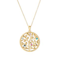 This 5 Stone Custom Birthstone Gold Family Tree Necklace is a meaningful gift that mom or grandma is sure to love. The 1 inch gold plated sterling silver tree pendant features a delicate rope border and can be customized with five birthstones of your choosing. This pendant comes on a 16 inch rolo chain with 2 inch extender for a universal fit. Tree Of Life Jewelry For Mother's Day Gift, Mother's Day Round Jewelry With Tree Of Life, Mother's Day Tree Of Life Round Pendant Jewelry, Coordinates Jewelry, Rope Border, Family Tree Necklace, Monogram Jewelry, Tree Necklace, Silver Tree